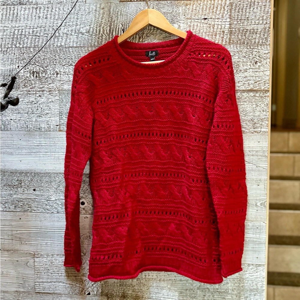 3/$30 Juli | Open-Knit Rolled Hem Cozy Winter Holidays Pullover Sweater - M, Red